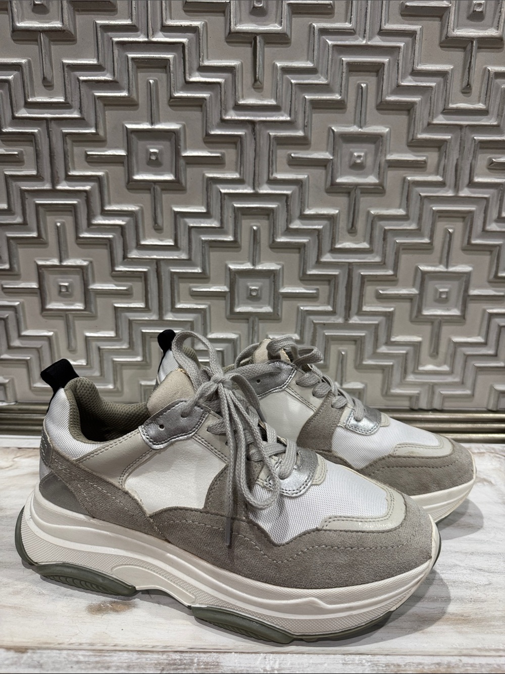 ShuShop Women's Chunky Lace-Up Sneakers in Light Gray and White